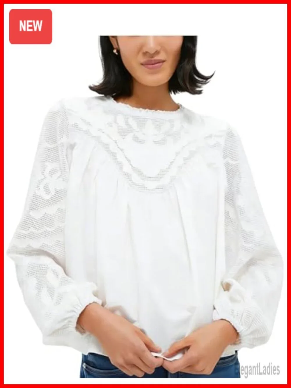Women's Long Sleeve Lace Blouse Crew Neck Embroidered Mesh Shirt Flowy Babydoll
